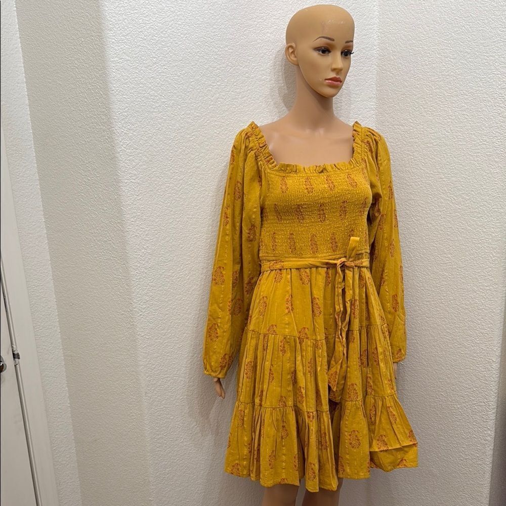 A Loves A Golden Ruched Floral Metallic Long Bishop Sleeve Sundress Sz Large New